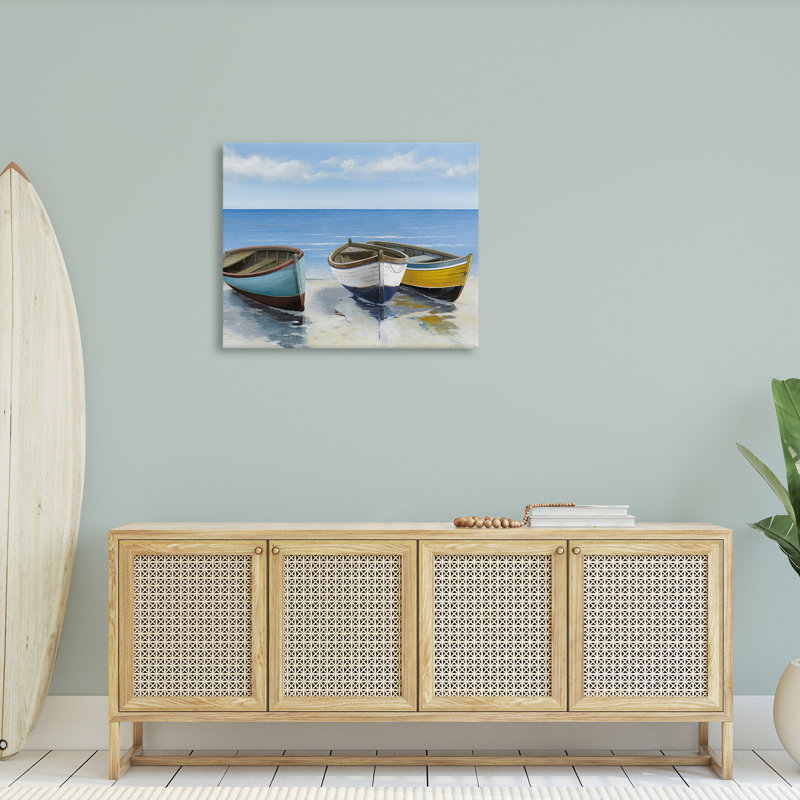 "Coastal Row bateaux On Shore" par Max Maxx sur toile, H 30 po x l 40 po