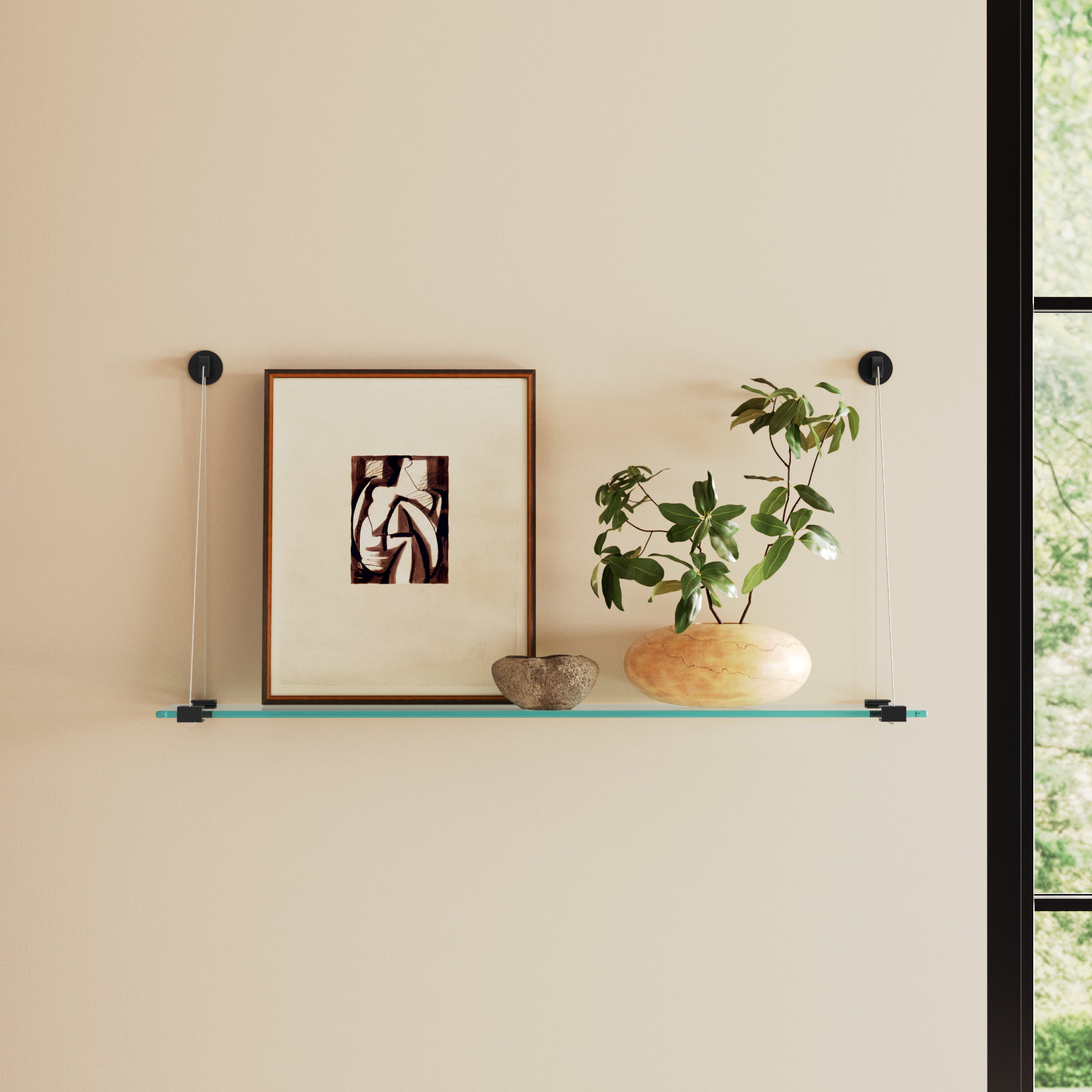 Earlham Tempered Glass Wall-Mounted Bracket Shelf, 18" H x 36" W x 6.5" D, Black