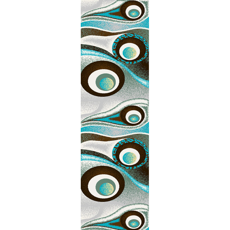 Tapis abstrait Mccampbell, Tapis de couloir 2 pi 2 po x 7 pi 4 po, Brun / turquoise / ivoire