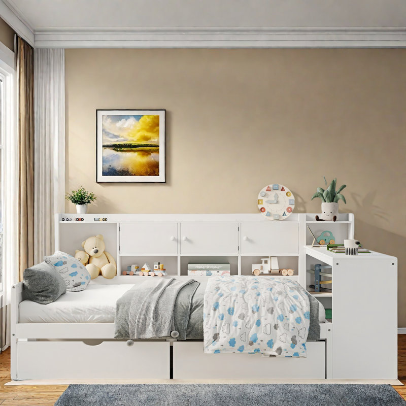 2 Drawers Daybed With Desk And Bookcase, White, Full