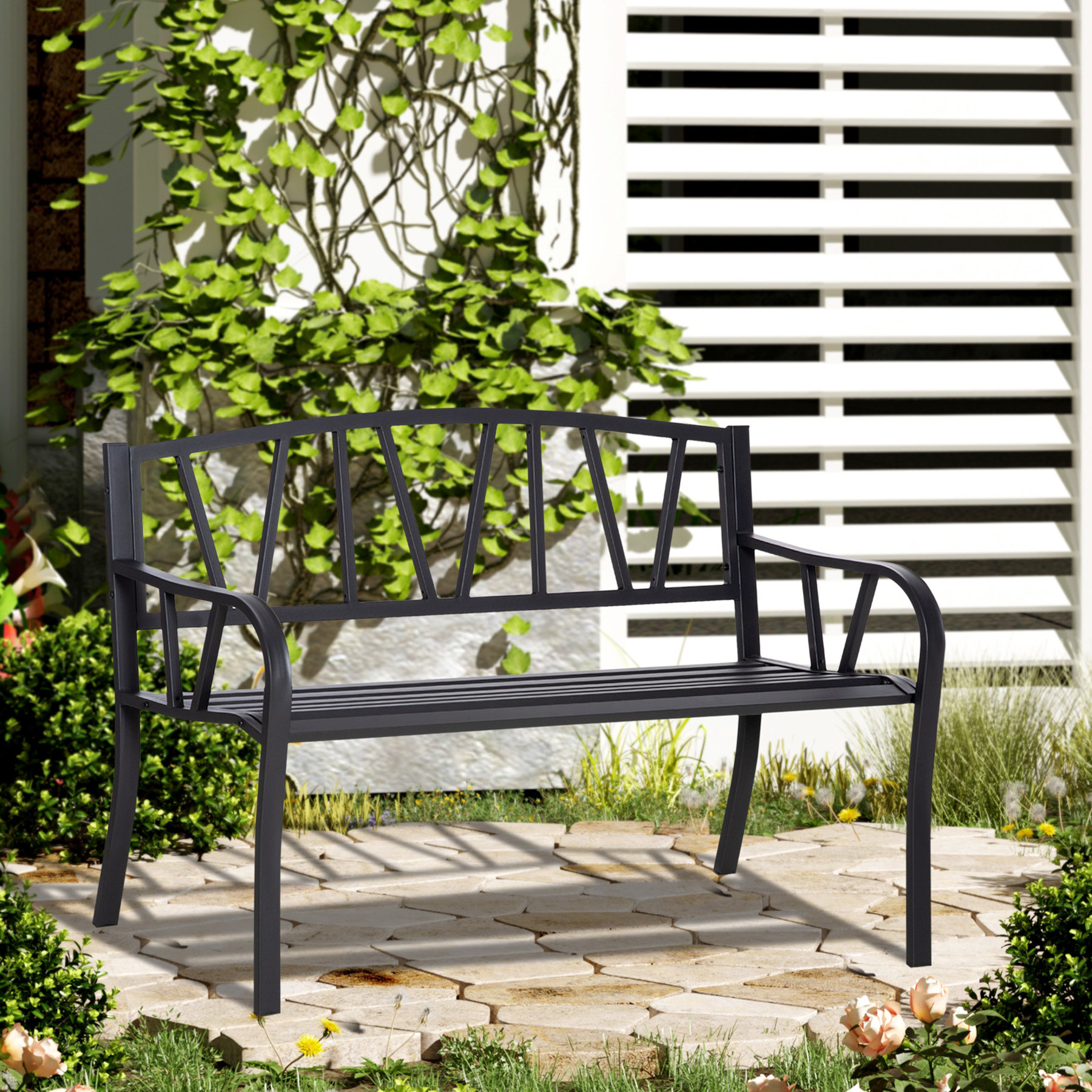 Latitude Run® 50" Metal Garden Bench, Black Outdoor Bench for 2 People ...