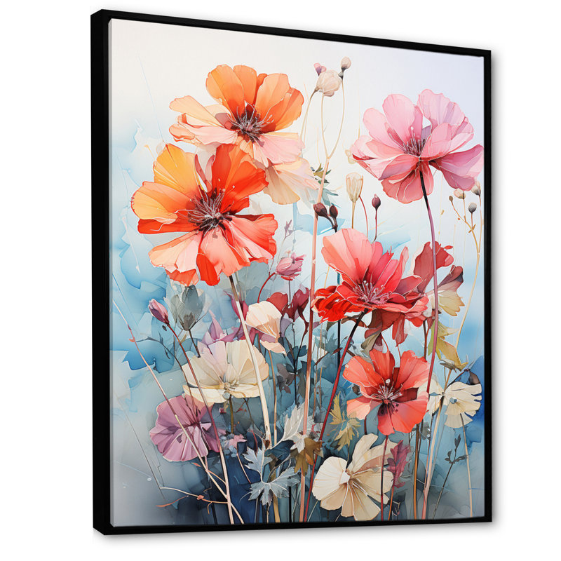 Coral Geraniums Garden Symphony III - Art mural sur toile floral et botanique, Cadre flottant noir