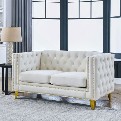 Velvet Sofa For Living Room,Buttons Tufted Square Arm Couch, Modern Couch Upholstered Button And Metal Legs, Sofa Couch For Bedroom