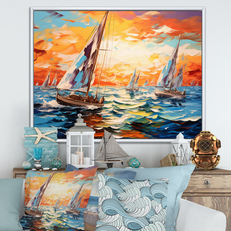 Sailboat Seascape Symphony II - Sailing Boat Wall Decor, Cadre flottant blanc, H 24 po x l 32 po x P 1 po