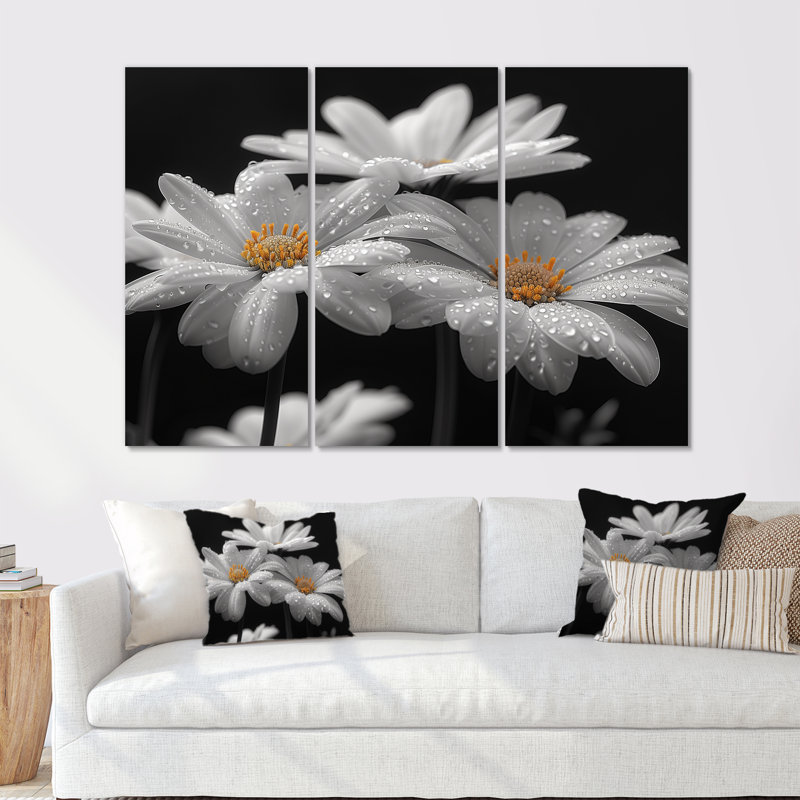 Monochromes noir et blanc «Bliss Daisy Photo III» - impression d'art mural marguerites, Toile tendue