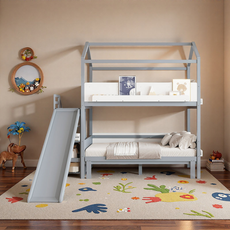 Lit superposé en forme de maison avec escalier de rangement, tablettes de présentation et glissade, Gris