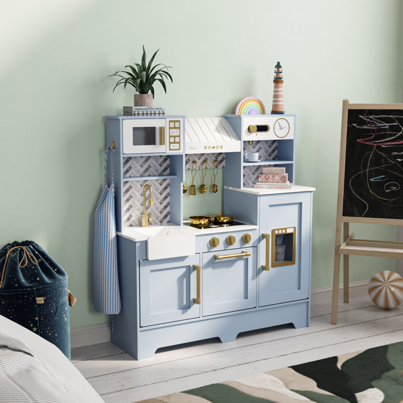 Wooden Kitchen Playset For Kids, Toddler Pretend With Coffee Maker, Oven, Stove, Sink, Apron, Ice Maker, Cookware Play Kitchen 