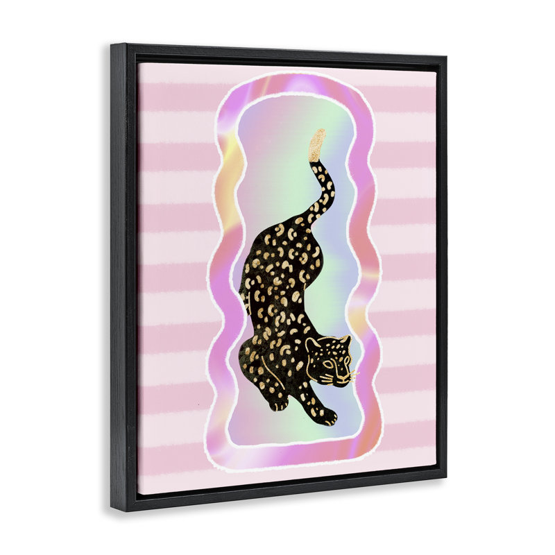 «Leopard & Pink Stripes» par Ziwei Li, H 31 po x l 25 po, Cadre flottant noir de jais