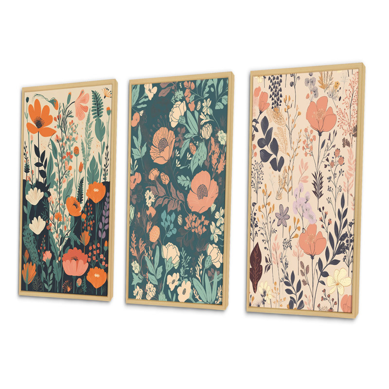 «Fleurs sauvages rétro en pastel rétro II», 3 pièces, Cadre naturel flottant, H 20 po x l 36 po