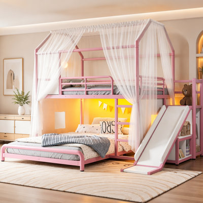 Lit superposé double en métal avec glissière et échelle pour lit de jeu, lit superposé en forme de maison avec bande lumineuse à DEL, rideau d'intimité, armoire de rangement mobile et tringle, lit superposé double pour enfants, rose