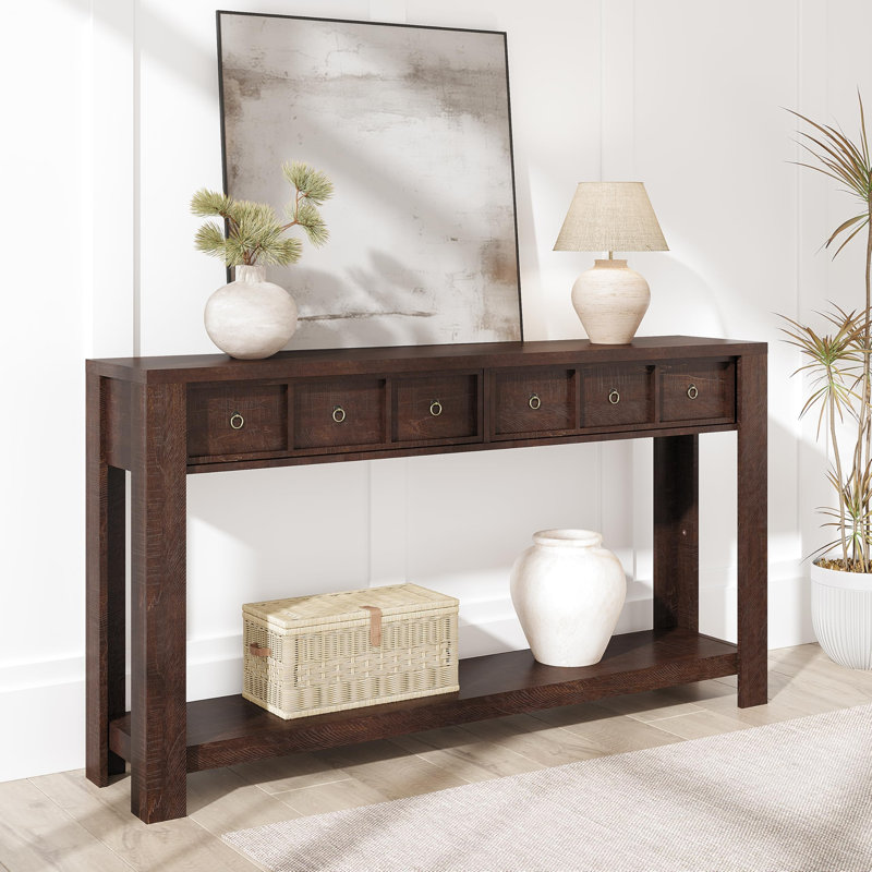 Rustic Farmhouse Console Table with 6 Drawers.   Wood Entryway Table with Open Lower Shelf. Narrow Sofa Table for Living Room. Hallway