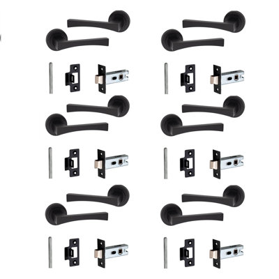  6 Pairs Wave Design Door Handles in Matt Black Finish on Round Rose with 2.5" Tubular Latch - 52mm Diameter