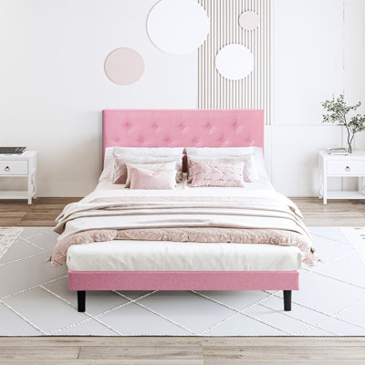 Grand lit en lin rose - aucun sommier nécessaire, installation facile, 62,6 po Profondeur de l'emballage, taille moderne avec tête de lit en tissu requise, 42,26 de hauteur, profondeur