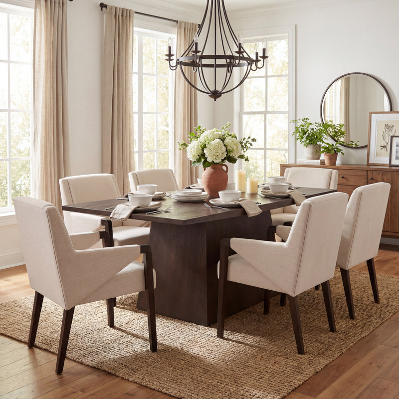 Vireo 6-Person Rubberwood Dining Table Set With Upholstered Chairs, Linen/Dark Walnut