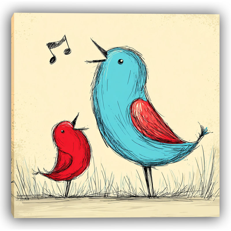 Duo dans l'herbe - Art sur toile, oiseaux bleus et rouges