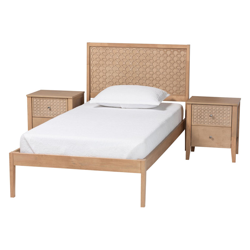 Baxton Studio Hamisi Twin 3-Piece Bedroom Set - Modern Wood Bed Frame with Matching Nightstands, Decorative Laser-Cut Headboard Overlay, Oak Brown
