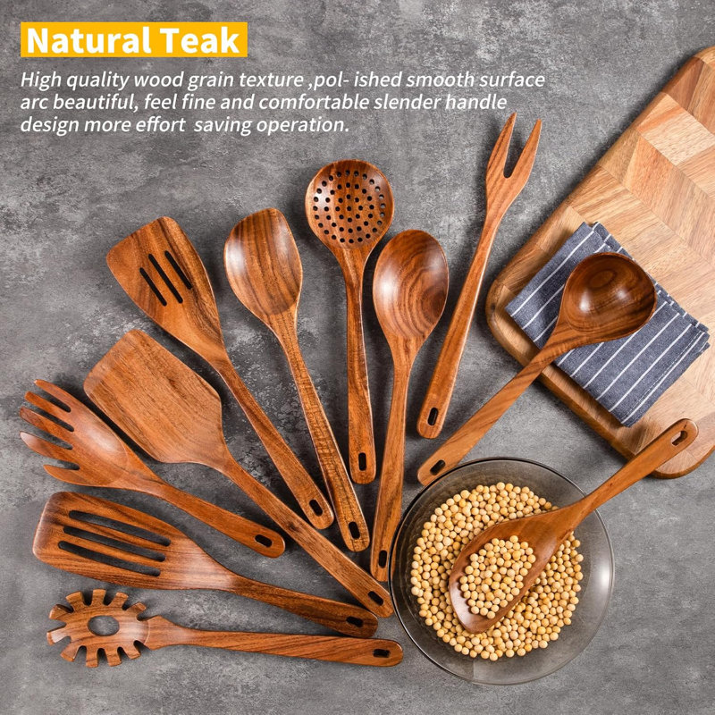 Ensemble d'ustensiles en bois de teck naturel 11 pièces pour la cuisine | Cuillères et outils anti-égratignures pour batterie de cuisine antiadhésive | Ustensiles de cuisine résistants à la chaleur et durables