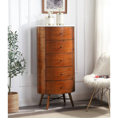 Stylish Walnut Finish Chest Of Five Drawers With Marble Top And Ball Bearing Glides, Ideal For Bedroom, Living Room Or Hallways