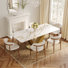 Ensemble de table de salle à manger 7 pièces luxueux en faux marbre avec base dorée en forme de V, 6 chaises rembourrées en tissu, bois massif