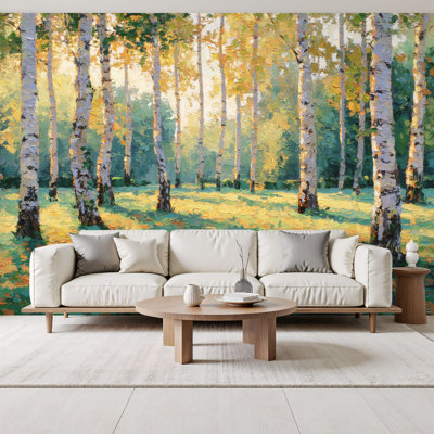 Peel and Stick Wallpaper Layered Oil Painting Birch Trees Muted Earth Tones Wall Murals 69"H x 96"W Removable PVC Wall Paper Self-Adhesive Wall Decor for Bedroom Living Room Dinning Room Home Office