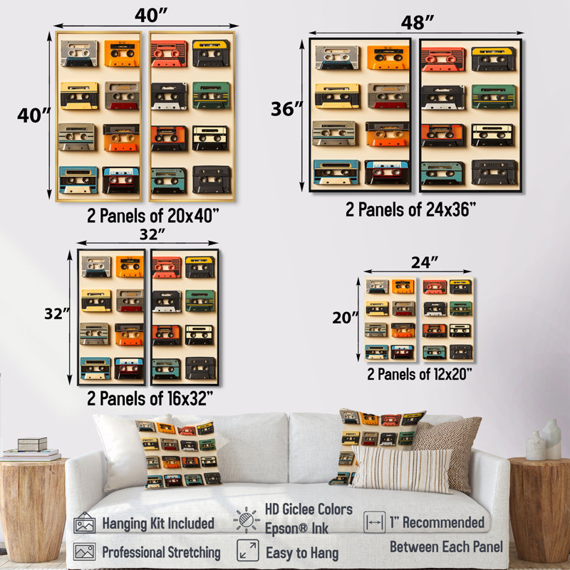 Retro Cassette Tape Collection III - art mural moderne sur toile rouge, Black, 36" H x 48" W, Impression encadrée flottante
