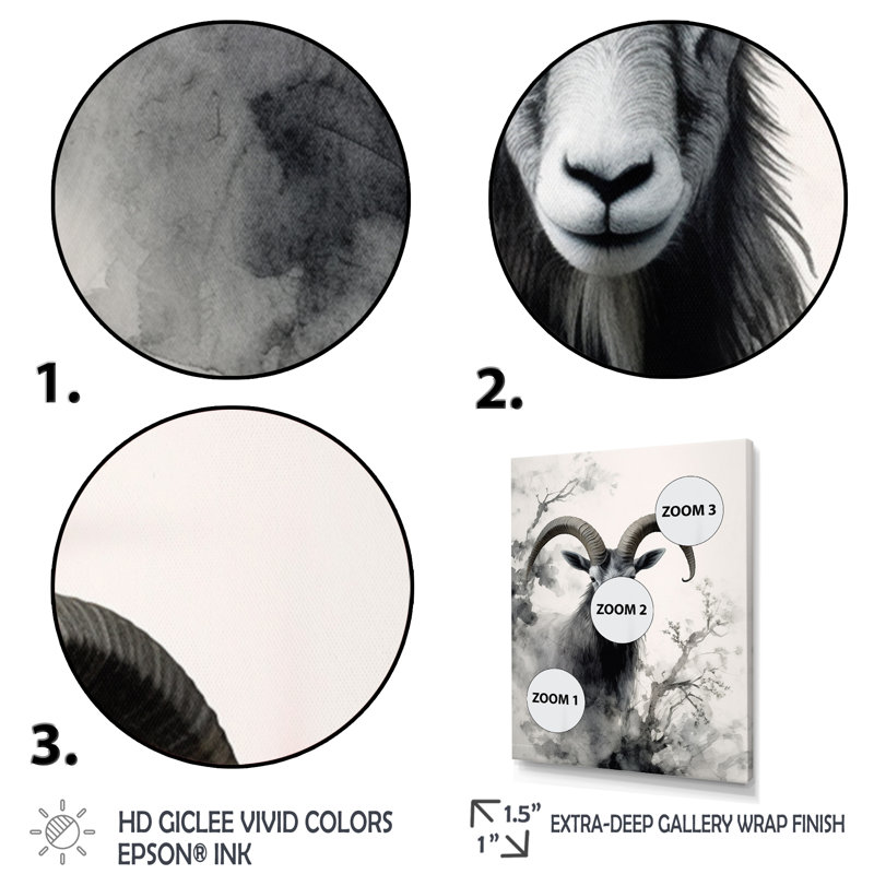 «Benedetic Asian Art Goat Sumi I», reproduction d'art sur toile, H 20 po x l 12 po x P 1 po, Cadre flottant blanc