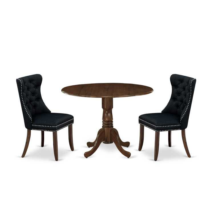 3-Piece Antique Walnut Finish Solid Wood Top-Round Upholstered Dining Room Set with Dropleaf-Seats 4, Matte Black