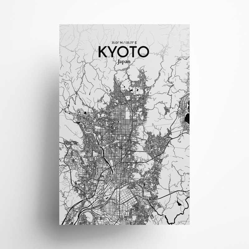 Kyoto City Map In Ink - No Frame Print, 17cm H x 11cm W x 0.05cm D