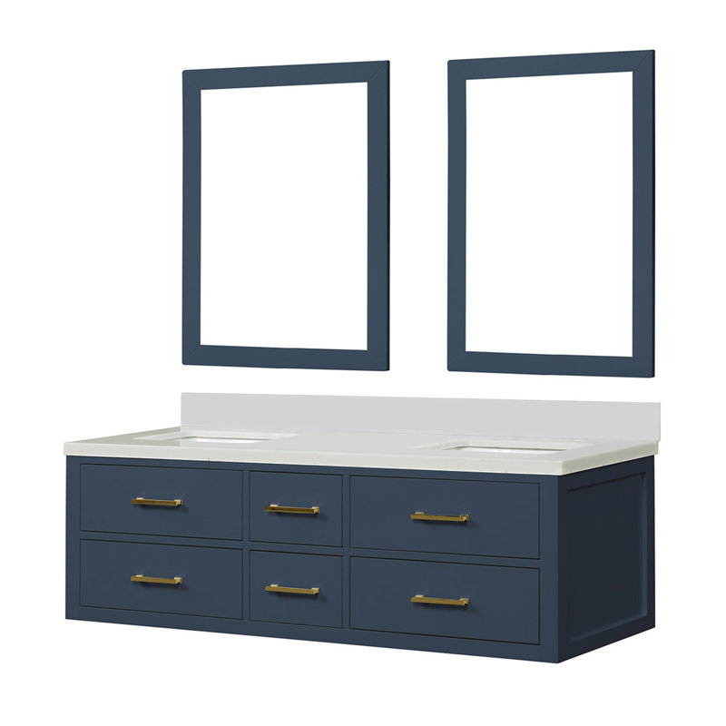 Meuble-lavabo double bleu avec comptoir en quartz blanc Miroirs - l 60 po x P 22 po, fermeture en douceur, cadre en bois massif, remplissage