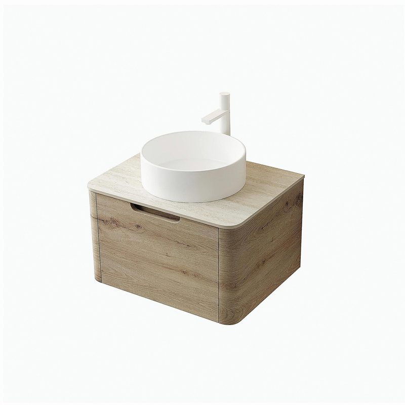 XAI 24" Bathroom Vanity with Sink, Wall-Mounted Plywood Storage Cabinet with Drawer, White Round Ceramic Basin and Roma Travertine-Pattern Sintered Stone Top, Pre-assembled, White Oak Woodgrain Color