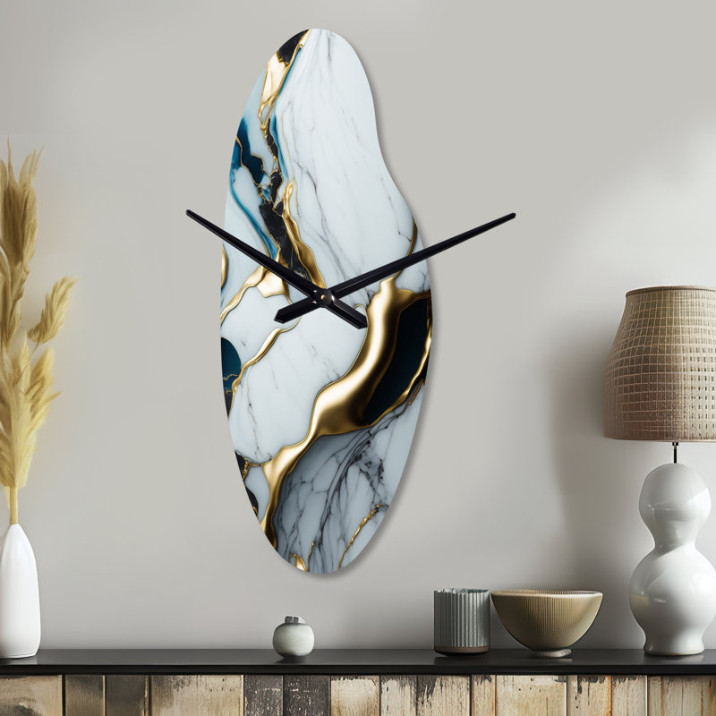 Abstract Geode Gold And White Marble II - Curved Shape Large White Wall Clock - Unique Shape, Medium