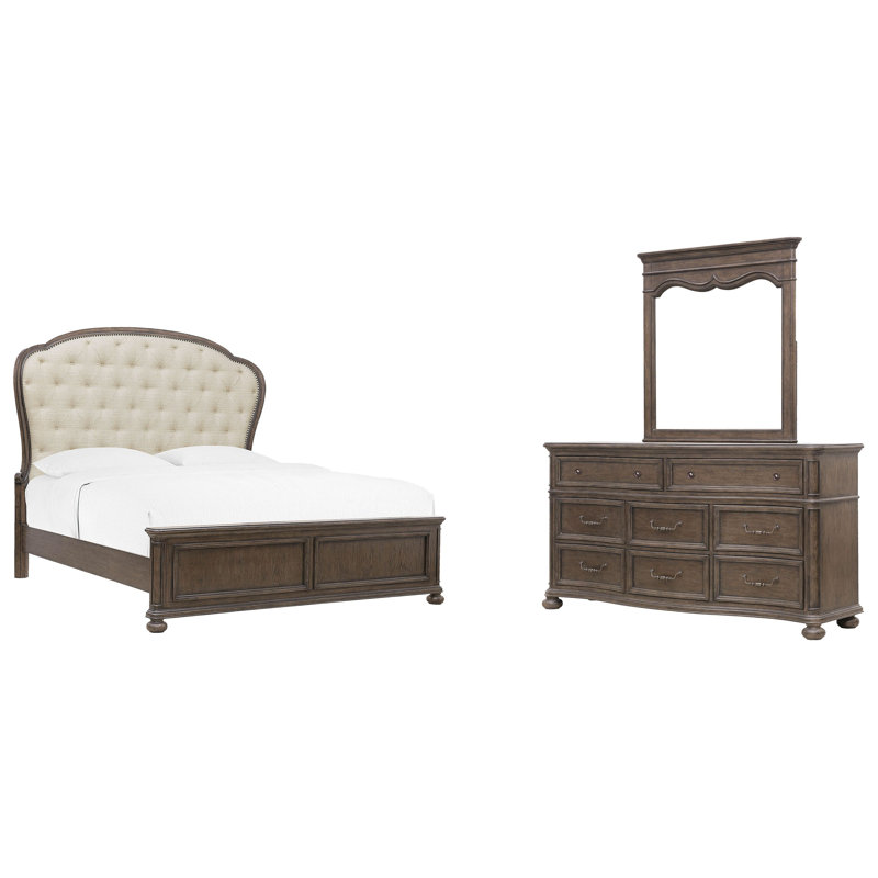 Très grand lit tapissier à panneau et commode à tiroirs avec miroir, Ensemble de 3 pièces : lit, commode, miroir