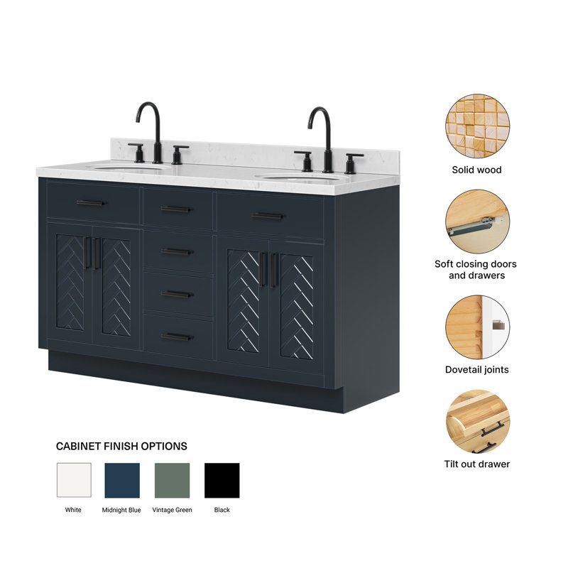 Meuble-lavabo double ovale 60 po à chevrons avec comptoir en quartz Carrara blanc 1,5 po bleu minuit, Ovale, Bleu minuit