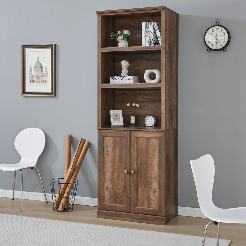 1 Doors Bookshelf With USB Port And 3 Open Shelves Bookcase Side Cabinet Storage Shelves, Brown