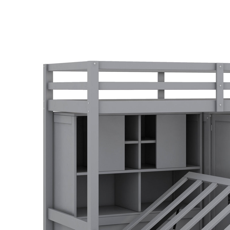 Lit superposé simple avec tiroirs, garde-robe, tablettes et lit hydraulique, gris