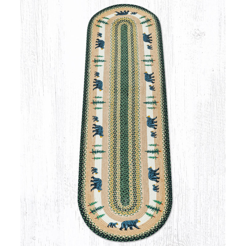  Rustic Cabin Oval Patch Tread Braided Jute Rug with Bear Design, 2'x8'