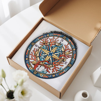 Nautical Compass Stained Glass Window Panel，12"H