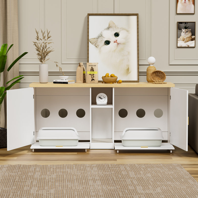Hidden Cat Litter Box Enclosure & TV Stand for 2 Cats