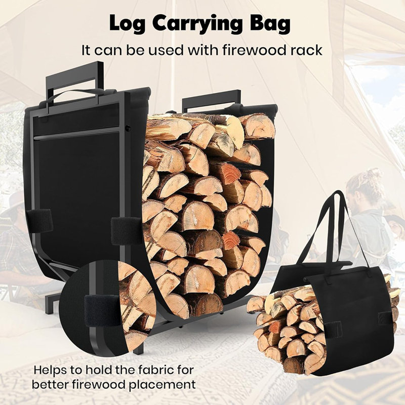 Support à bois pour l'intérieur et l'extérieur avec support en toile, petit support en bois pour foyer, noir