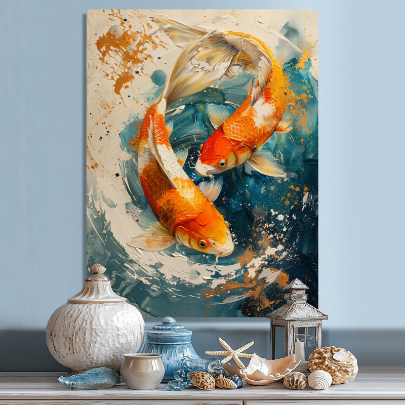 Orange, vert, poisson passionné, poisson Koi I - poisson, art mural, Toile tendue, 44" H x 34" W