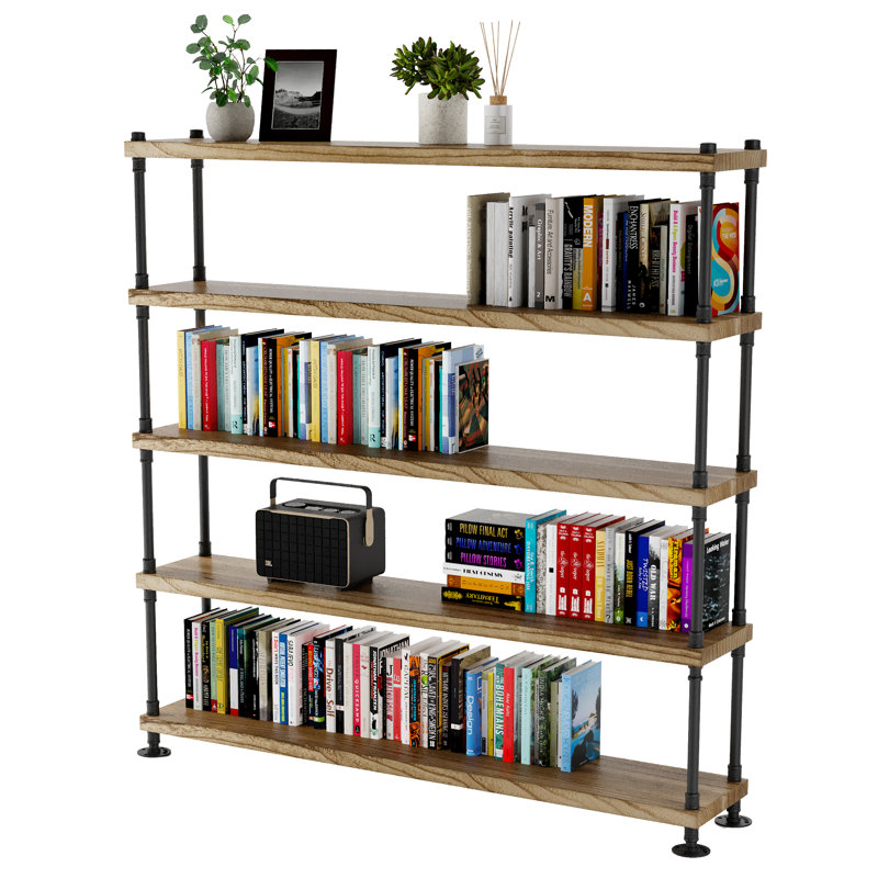 Bibliothèque de 60 pouces de long avec supports pour tuyaux, étagères en bois véritable de 11,25 po de profondeur et de 1,5 po d'épaisseur, étagères pour l'organisation de la maison, étagères industrielles, décor de maison de campagne et bohème, 5 niveaux, brûlé