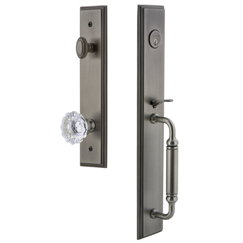 Carré Handleset with Single Cylinder Deadbolt and Fontainebleau Door Knob and Rosette, 2.75", Antique Pewter