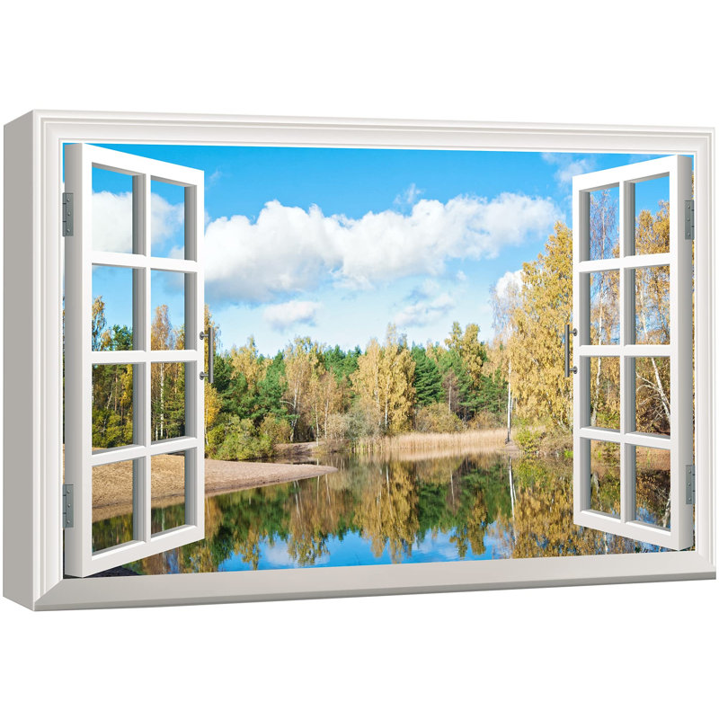 "Fenêtre vue de la forêt d'automne et du lac, photographie de paysage, réalisme et paysage rustique" sur, H 24 po x l 36 po