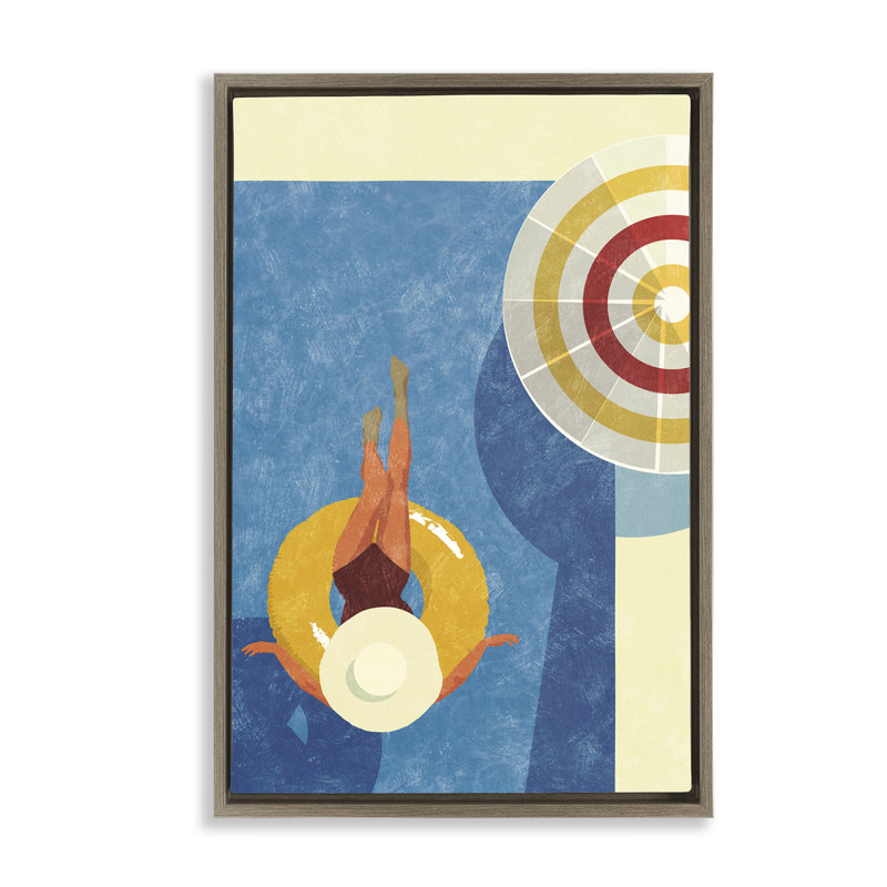 «Relaxing on Pool Float», toile encadrée dorée par Victoria Barnes, Cadre flottant orme Montalcino, H 25 po x l 17 po