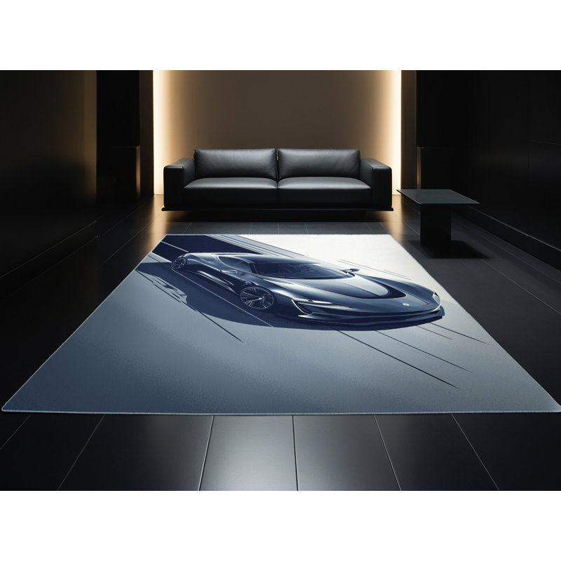 Machine Washable Eldred Electric Sports Car Sleek & Chic Modern Rug in Gray – SkyBlue Binding, 2x3