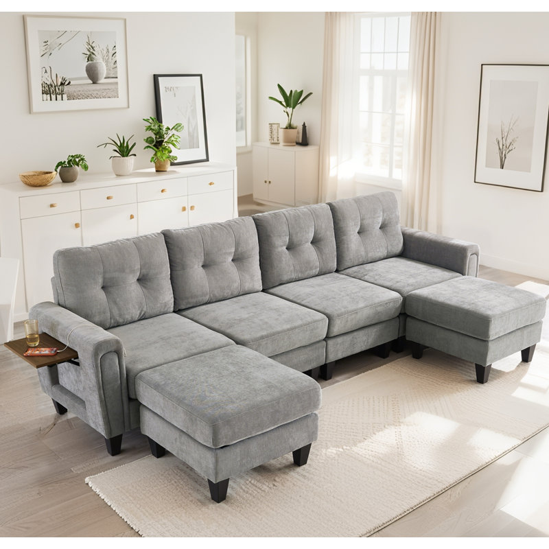 Modular Sectional Sofa, Dual Movable Ottomans & USB Ports, Gray
