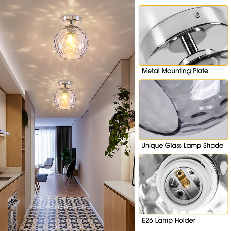 8 in. Modern Semi Flush Mount Ceiling Light with Hammered Glass Shade for Kitchen, Bedroom, Living Room, Hallway