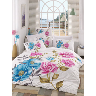 Luxury Ranforce Double Quilt Cover Set, 100% Cotton, Duvet Cover 78.7 x 86.6 in, Flat Sheet 86.6 x 94.5 in, 2 Pillowcases 19.7 x 27.6 in | Machine Washable, 140 Thread Count, Stylish White, Blue, Beige, Pink & Grey Colors