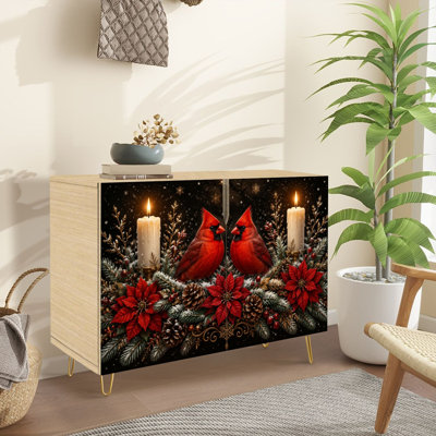 Sideboard Buffet Cabinet with Storage Red Cardinals Festive Winter Holiday Arrangement Candles Pine Cones with 2 Doors for Living Room and Kitchen