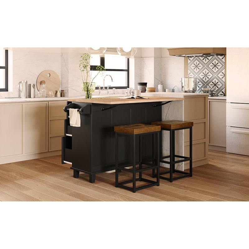 Farmhouse Kitchen Island Set with Drop Leaf and 2 Seatings,Dining Table Set with Storage Cabinet, Drawers and Towel Rack